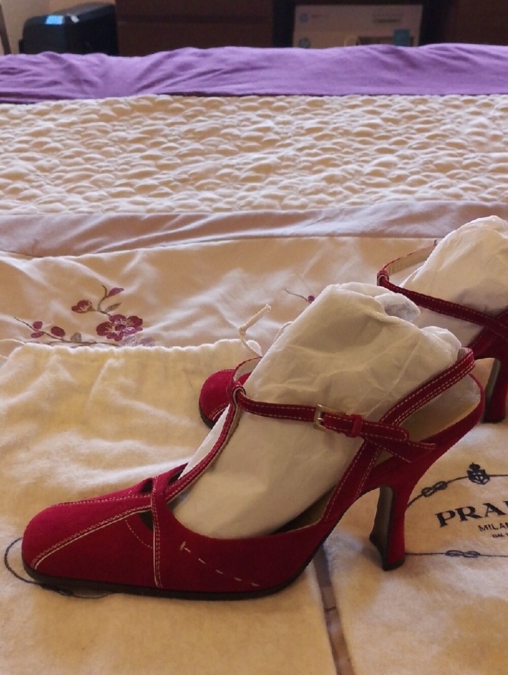 Women's Red T-Strap Suede Heels - Picture 2 of 5